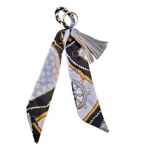 New Mini Silk Scarf and Tassel Bag Charm Keychain Gray White Black Gold